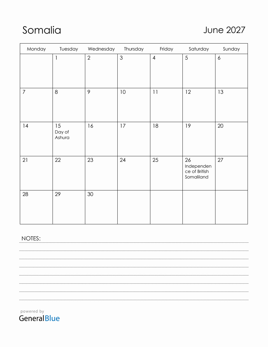 June 2027 Somalia Calendar With Holidays