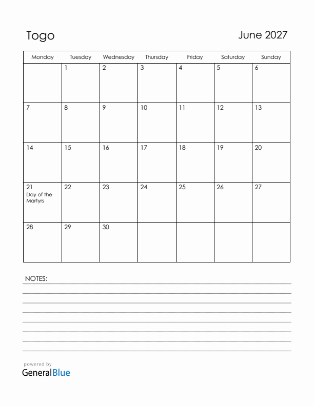 June 2027 Togo Calendar with Holidays (Monday Start)