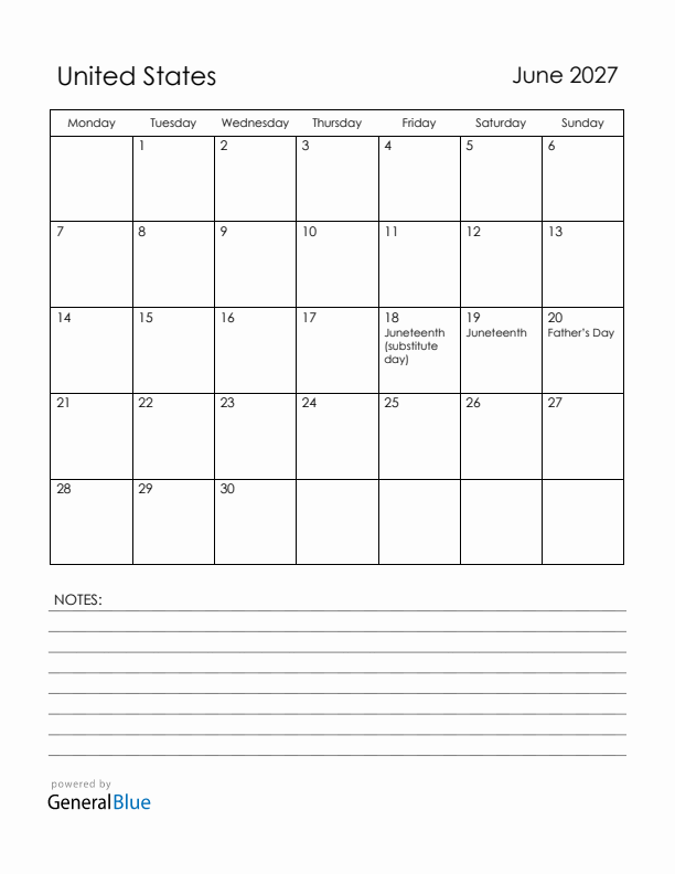 June 2027 United States Calendar with Holidays (Monday Start)