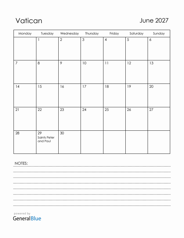 June 2027 Vatican Calendar with Holidays (Monday Start)