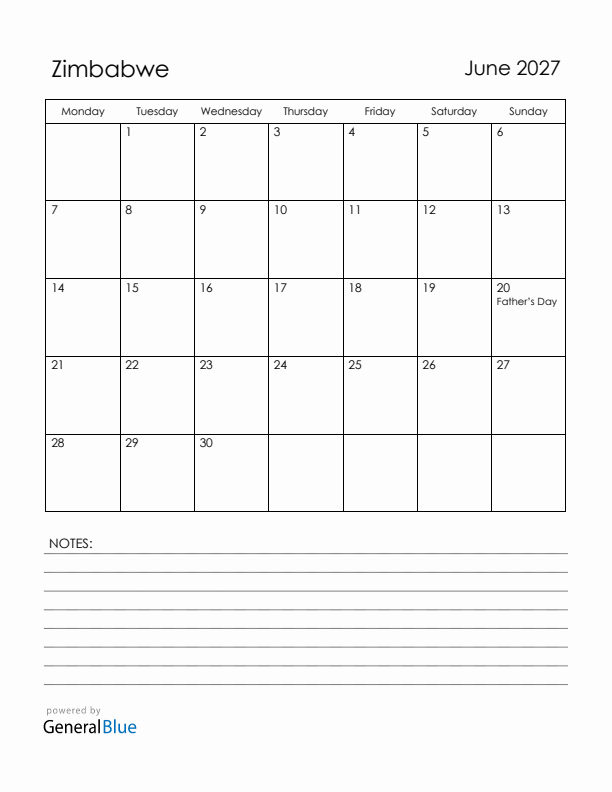 June 2027 Zimbabwe Calendar with Holidays (Monday Start)