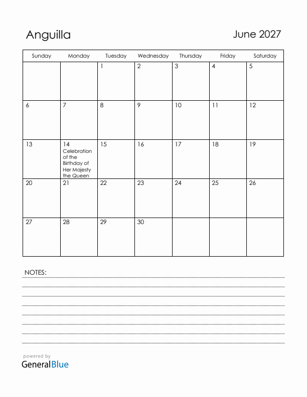 June 2027 Anguilla Calendar with Holidays (Sunday Start)