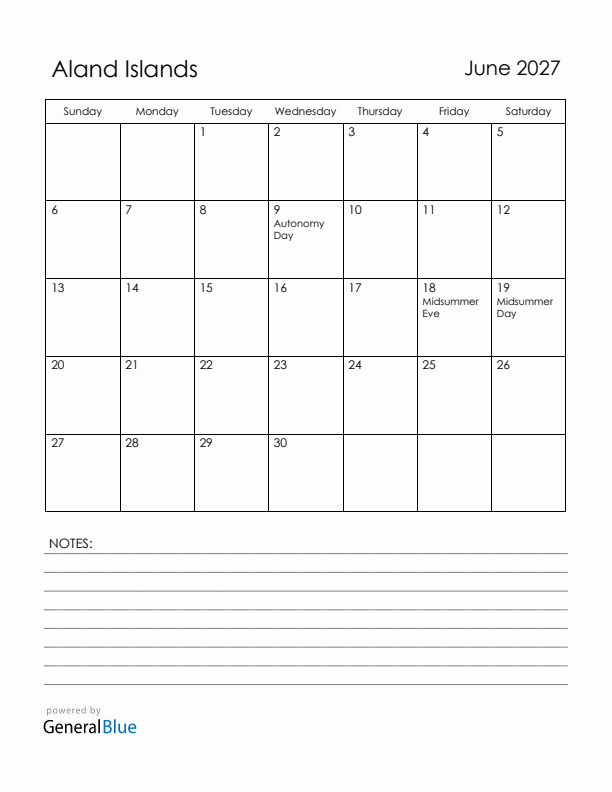 June 2027 Aland Islands Calendar with Holidays (Sunday Start)
