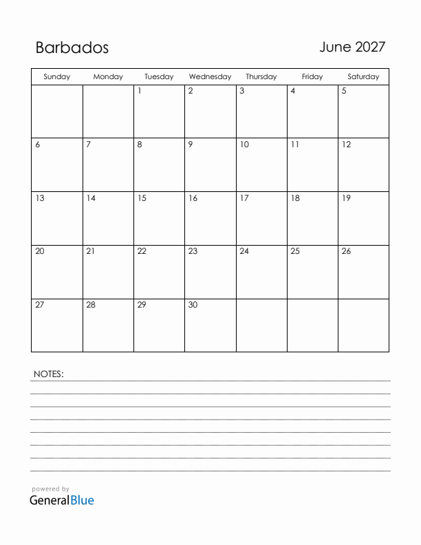 June 2027 Barbados Calendar with Holidays (Sunday Start)
