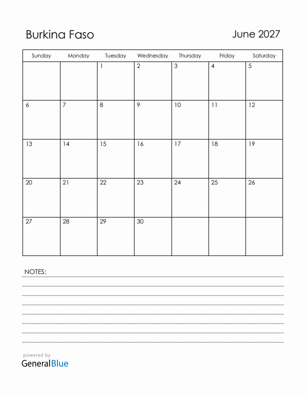 June 2027 Burkina Faso Calendar with Holidays (Sunday Start)