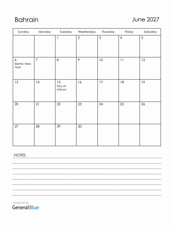 June 2027 Bahrain Calendar with Holidays (Sunday Start)