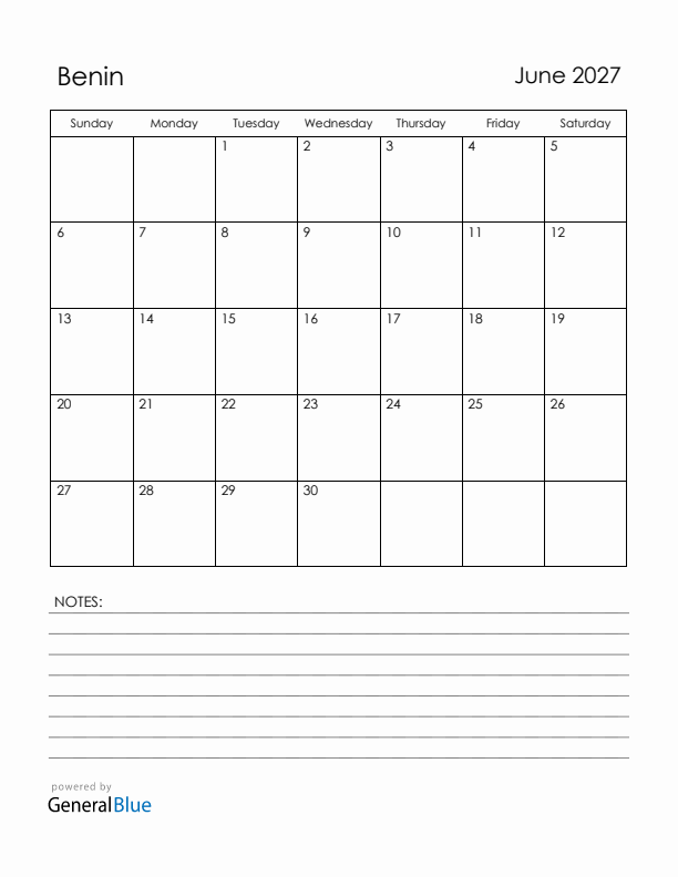 June 2027 Benin Calendar with Holidays (Sunday Start)