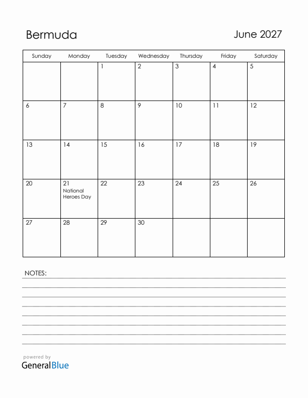 June 2027 Bermuda Calendar with Holidays (Sunday Start)