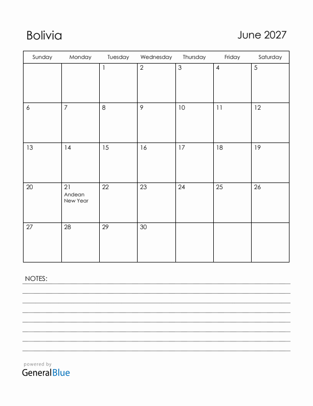 June 2027 Bolivia Calendar with Holidays (Sunday Start)
