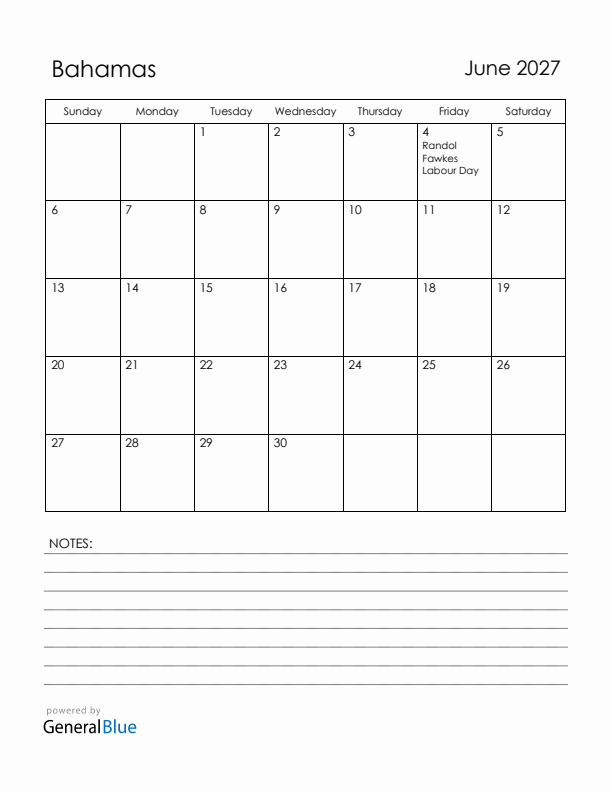 June 2027 Bahamas Calendar with Holidays (Sunday Start)