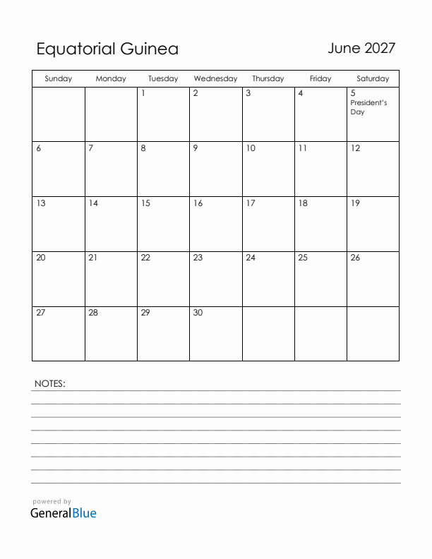 June 2027 Equatorial Guinea Calendar with Holidays (Sunday Start)