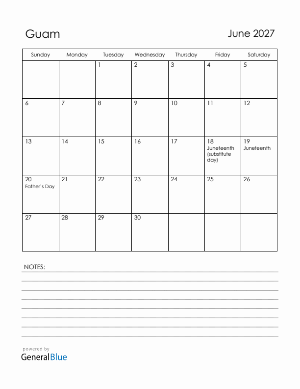 June 2027 Guam Calendar with Holidays (Sunday Start)