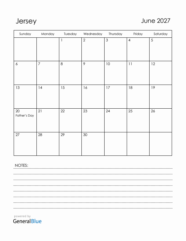June 2027 Jersey Calendar with Holidays (Sunday Start)