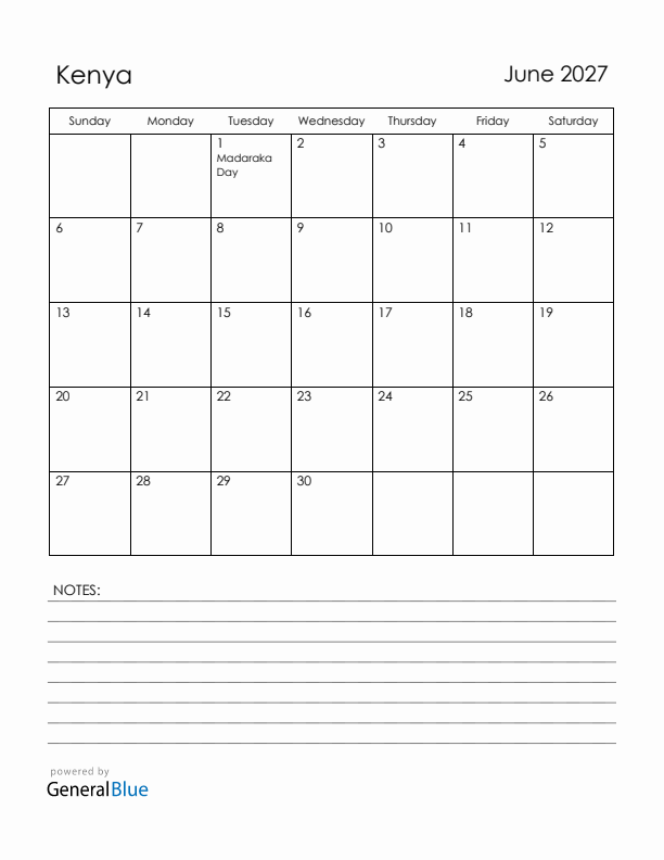 June 2027 Kenya Calendar with Holidays (Sunday Start)