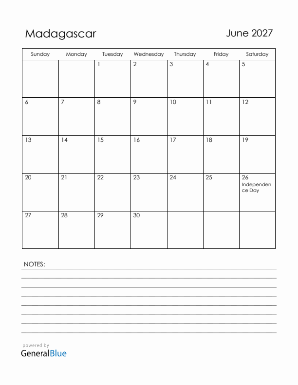 June 2027 Madagascar Calendar with Holidays (Sunday Start)