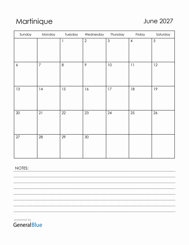 June 2027 Martinique Calendar with Holidays (Sunday Start)