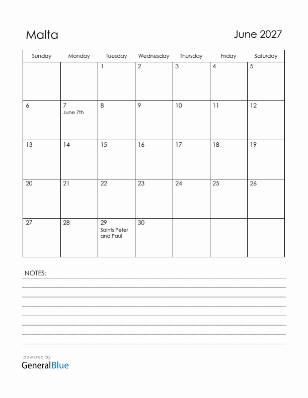 June 2027 Malta Calendar with Holidays (Sunday Start)