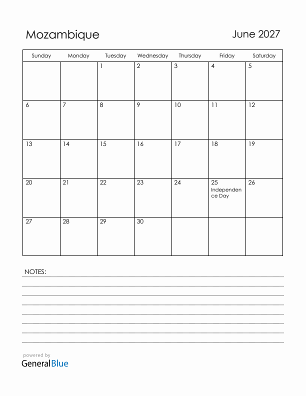 June 2027 Mozambique Calendar with Holidays (Sunday Start)