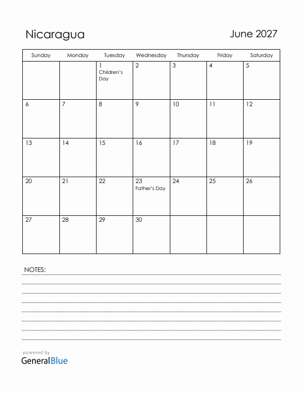 June 2027 Nicaragua Calendar with Holidays (Sunday Start)