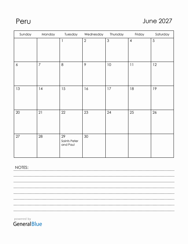 June 2027 Peru Calendar with Holidays (Sunday Start)