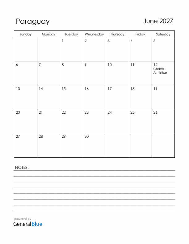 June 2027 Paraguay Calendar with Holidays (Sunday Start)