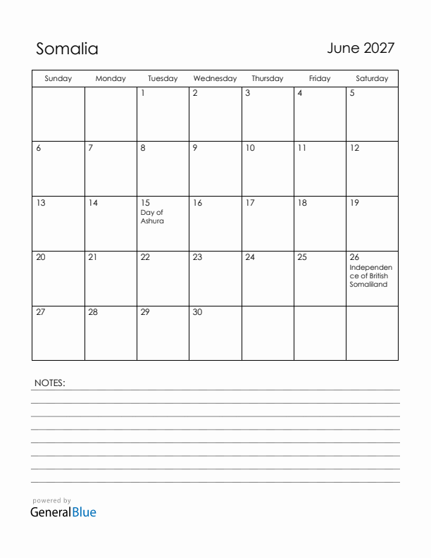 June 2027 Somalia Calendar with Holidays (Sunday Start)