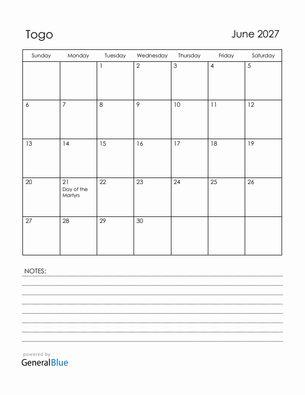 June 2027 Togo Calendar with Holidays (Sunday Start)