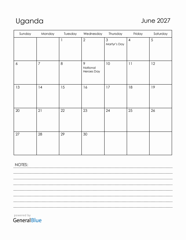 June 2027 Uganda Calendar with Holidays (Sunday Start)