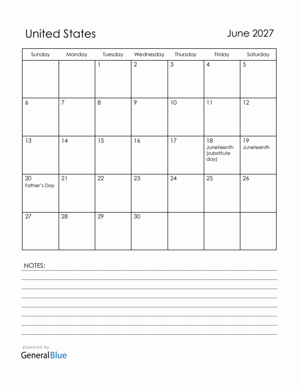 June 2027 United States Calendar with Holidays (Sunday Start)