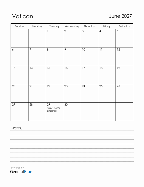 June 2027 Vatican Calendar with Holidays (Sunday Start)