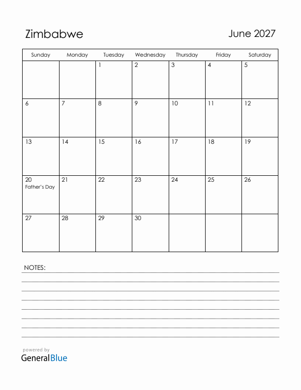 June 2027 Zimbabwe Calendar with Holidays (Sunday Start)