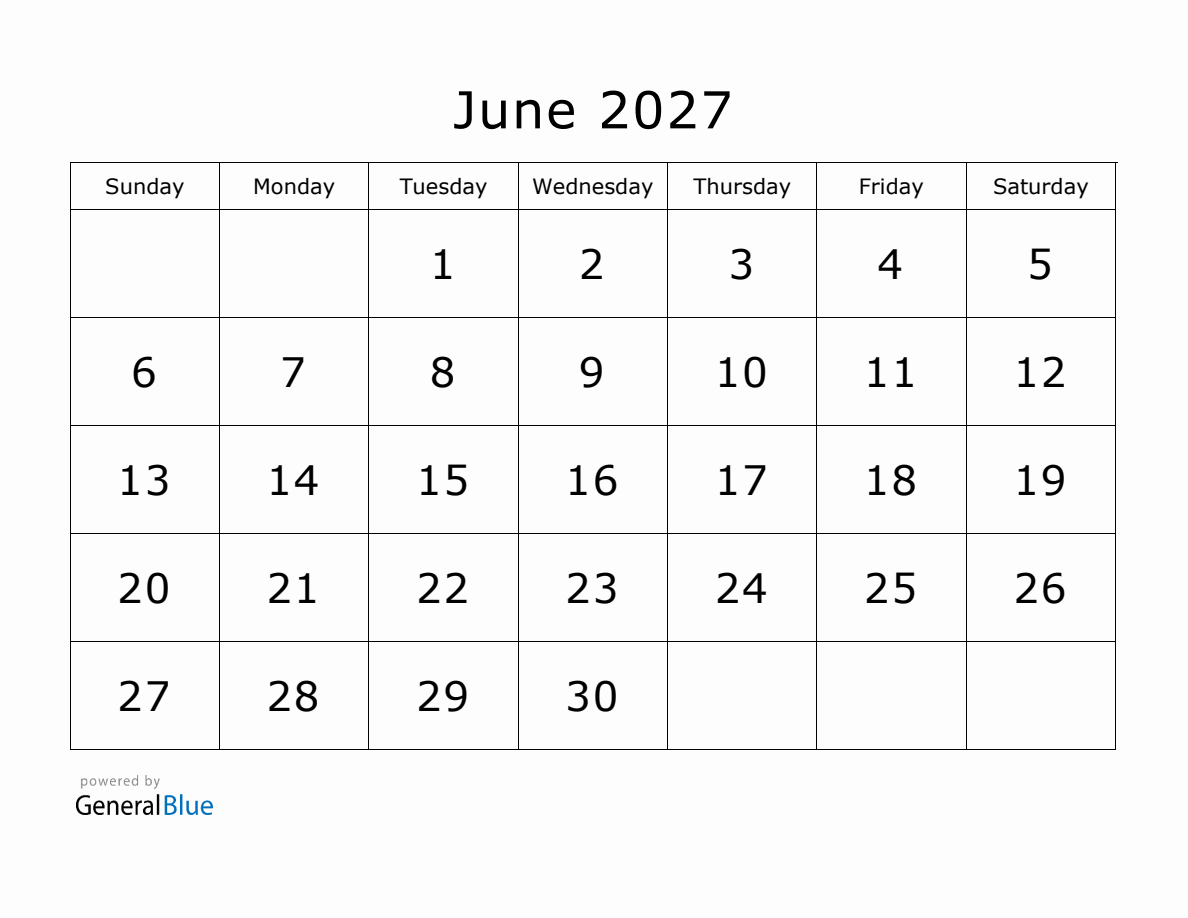 Printable June 2027 Calendar