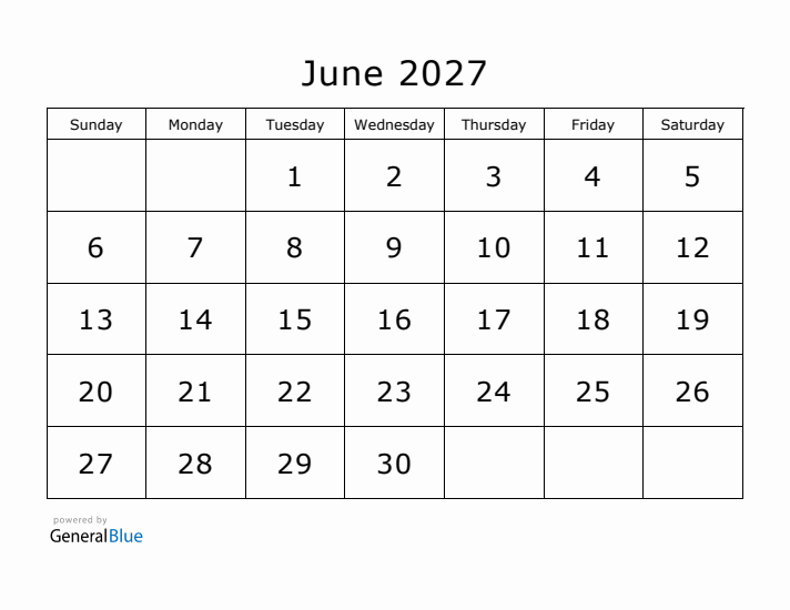 Printable June 2027 Calendar