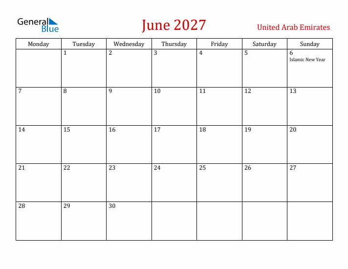 United Arab Emirates June 2027 Calendar - Monday Start