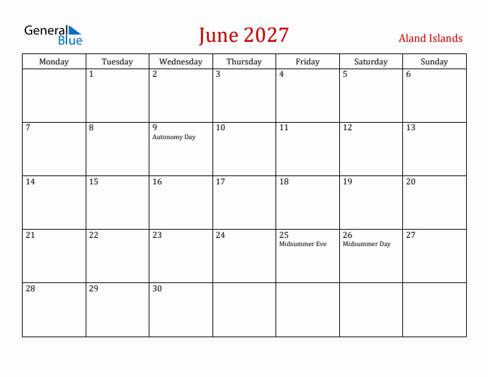 Aland Islands June 2027 Calendar - Monday Start