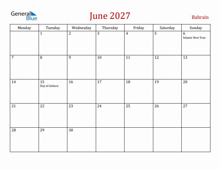Bahrain June 2027 Calendar - Monday Start