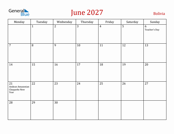 Bolivia June 2027 Calendar - Monday Start