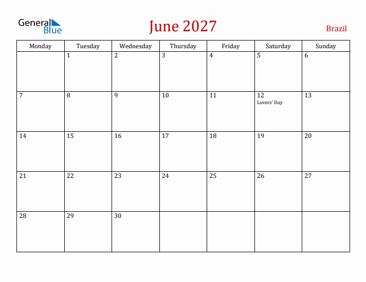 Brazil June 2027 Calendar - Monday Start