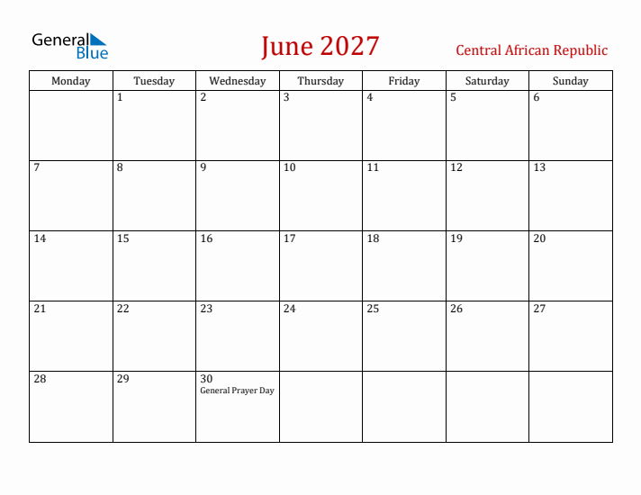 Central African Republic June 2027 Calendar - Monday Start