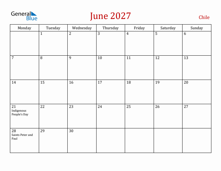 Chile June 2027 Calendar - Monday Start