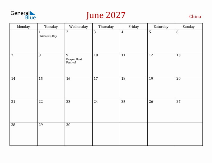 China June 2027 Calendar - Monday Start
