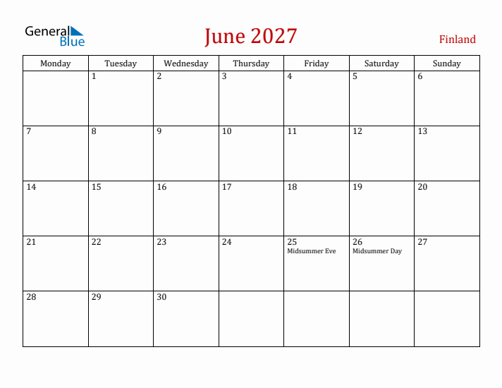 Finland June 2027 Calendar - Monday Start