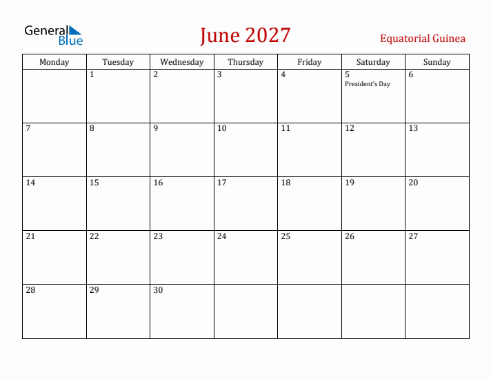 Equatorial Guinea June 2027 Calendar - Monday Start