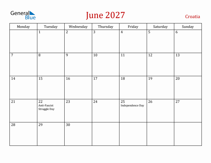 Croatia June 2027 Calendar - Monday Start