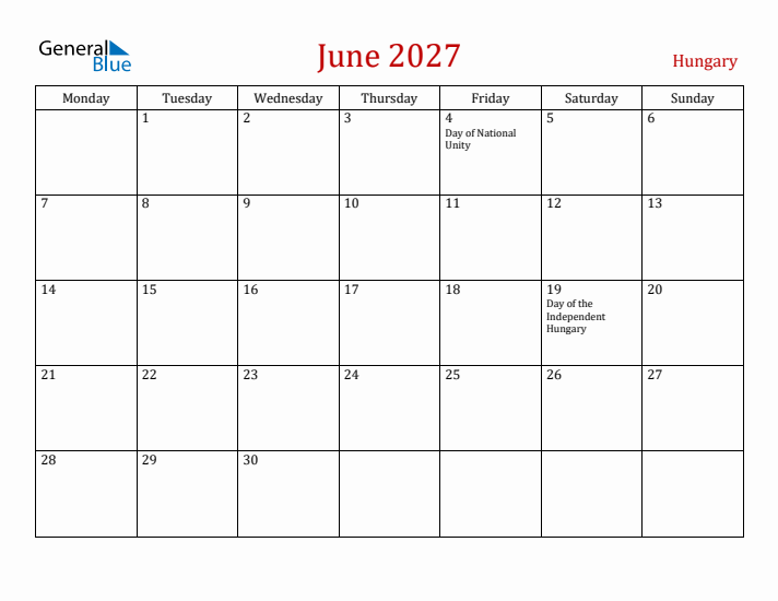 Hungary June 2027 Calendar - Monday Start