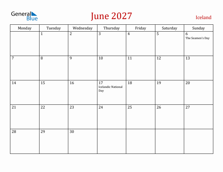 Iceland June 2027 Calendar - Monday Start