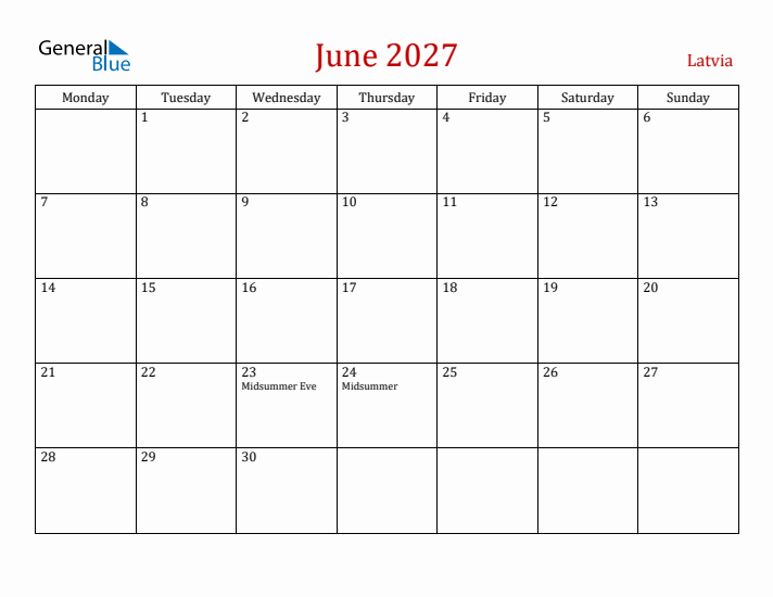 Latvia June 2027 Calendar - Monday Start