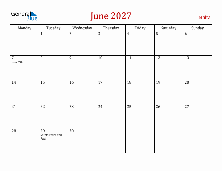 Malta June 2027 Calendar - Monday Start