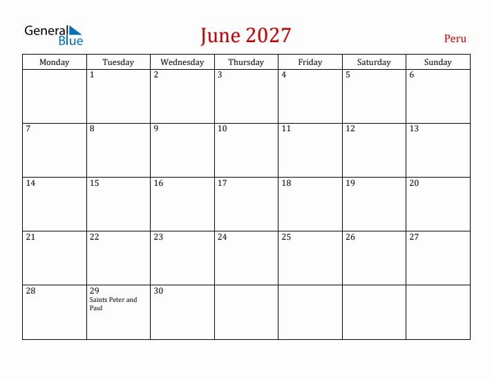 Peru June 2027 Calendar - Monday Start