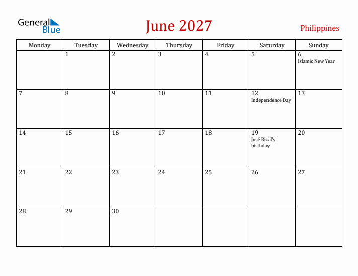 Philippines June 2027 Calendar - Monday Start